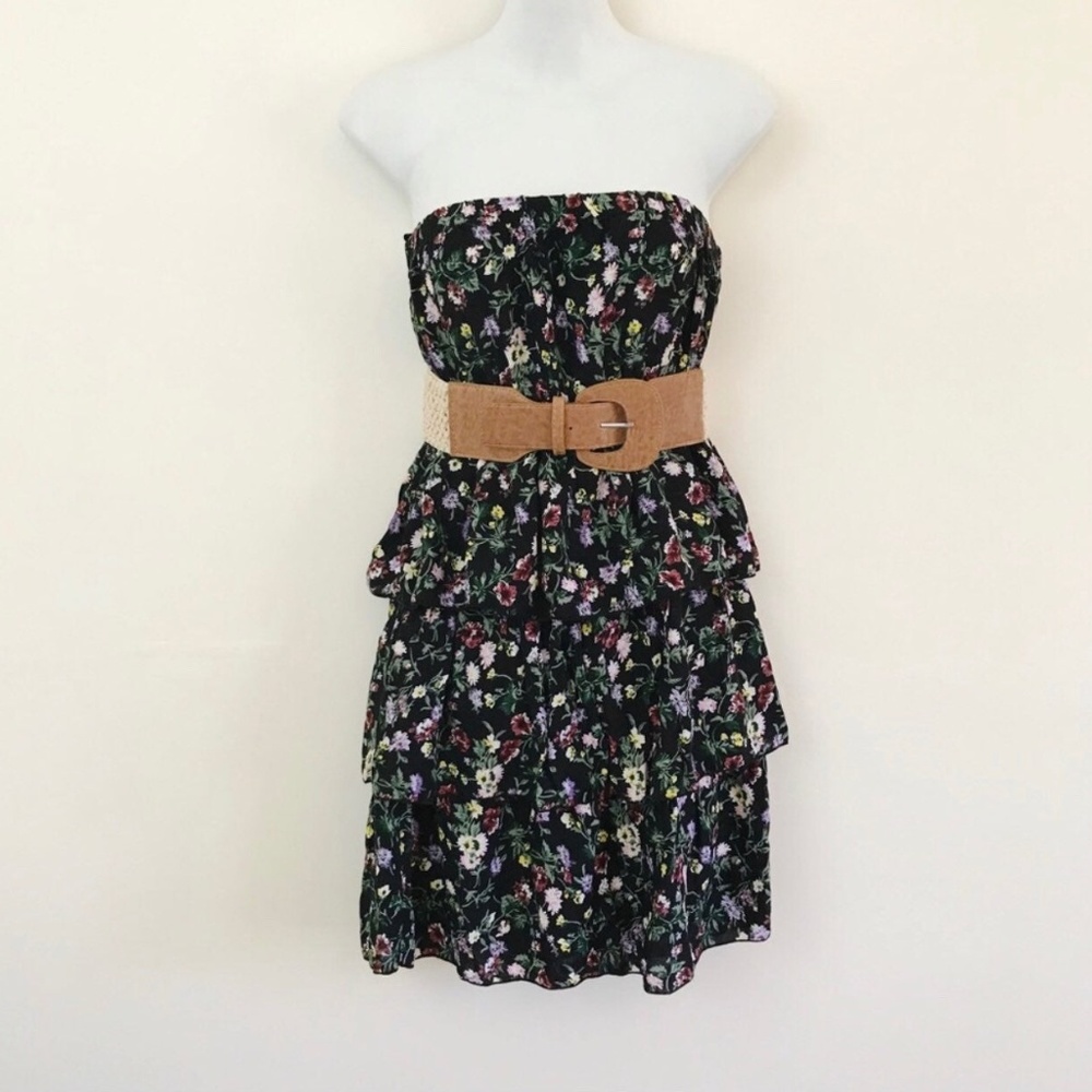 Black Floral Strapless Tiered Mini Dress Medium Boho Summer